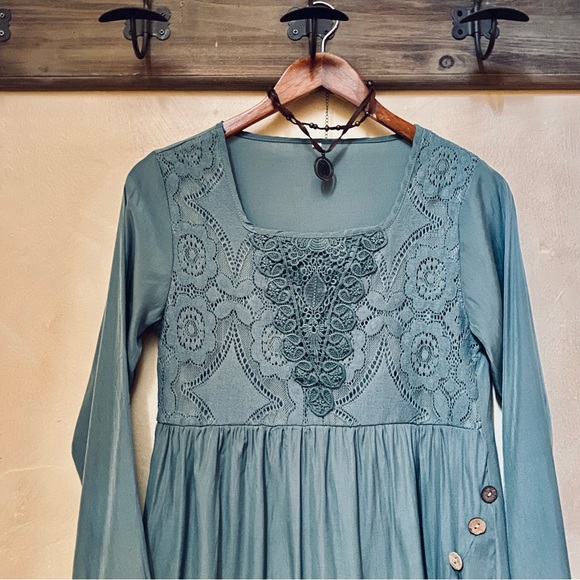 🪶3/$35 Boho Sage Romantic Crochet & Lace Lined L/S Babydoll Style Blouse-S - Picture 2 of 16